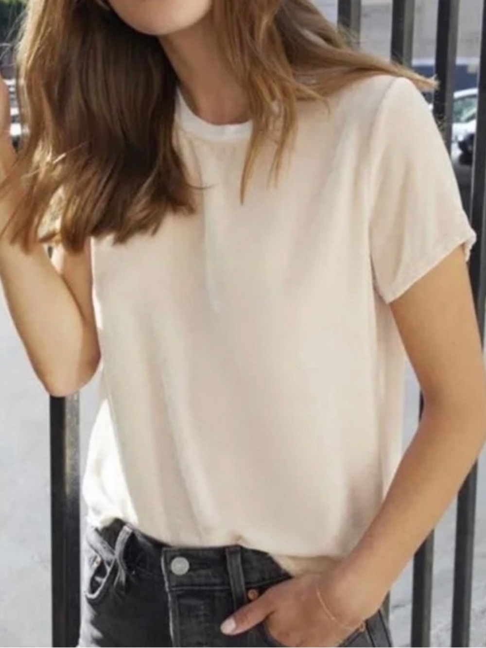 Nation LTD Marie Velvet and Satin Neckline Tee in Ballerina Pink Cream Large